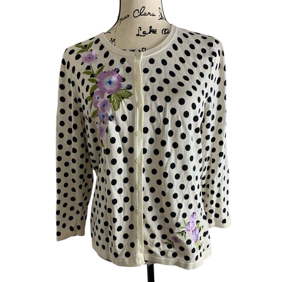 Rsvp by TALBOTS Cardigan Size Large Polka Dot Floral Embroidered Button-Up - Picture 1 of 10
